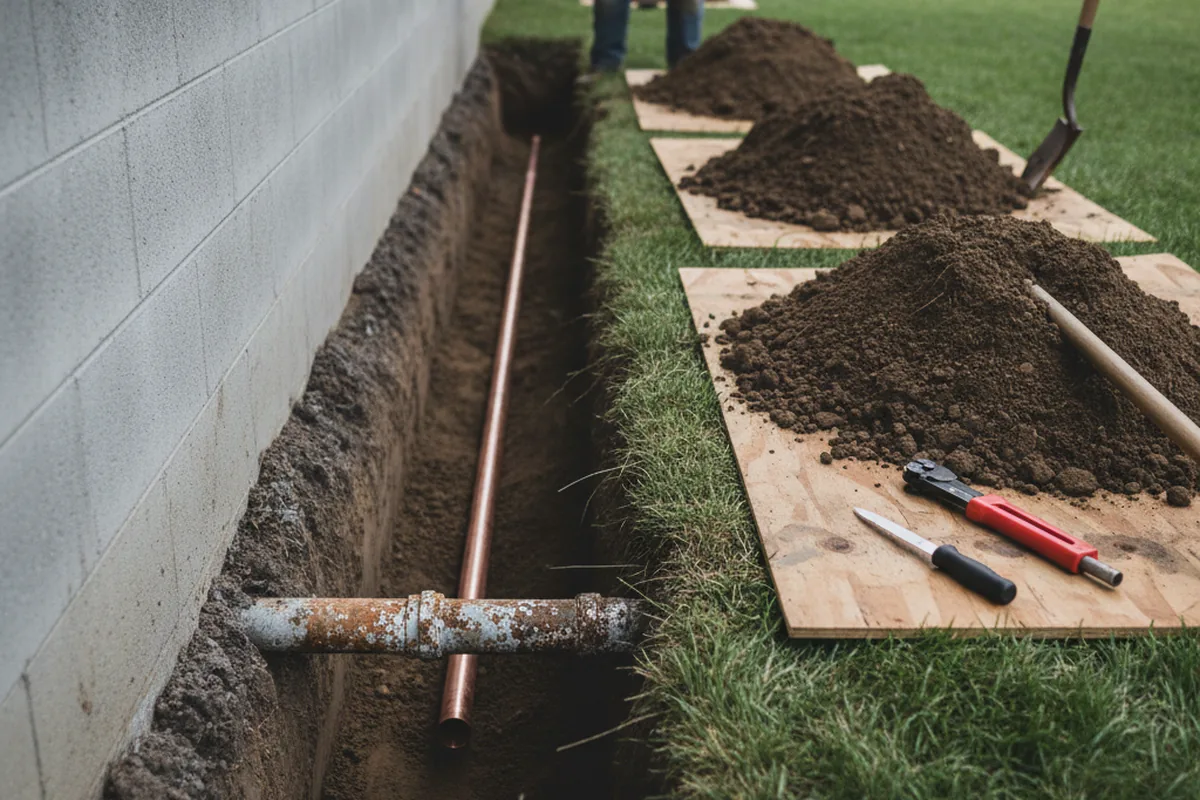 Excavated water line trench during Sewer Line Repair in Renton